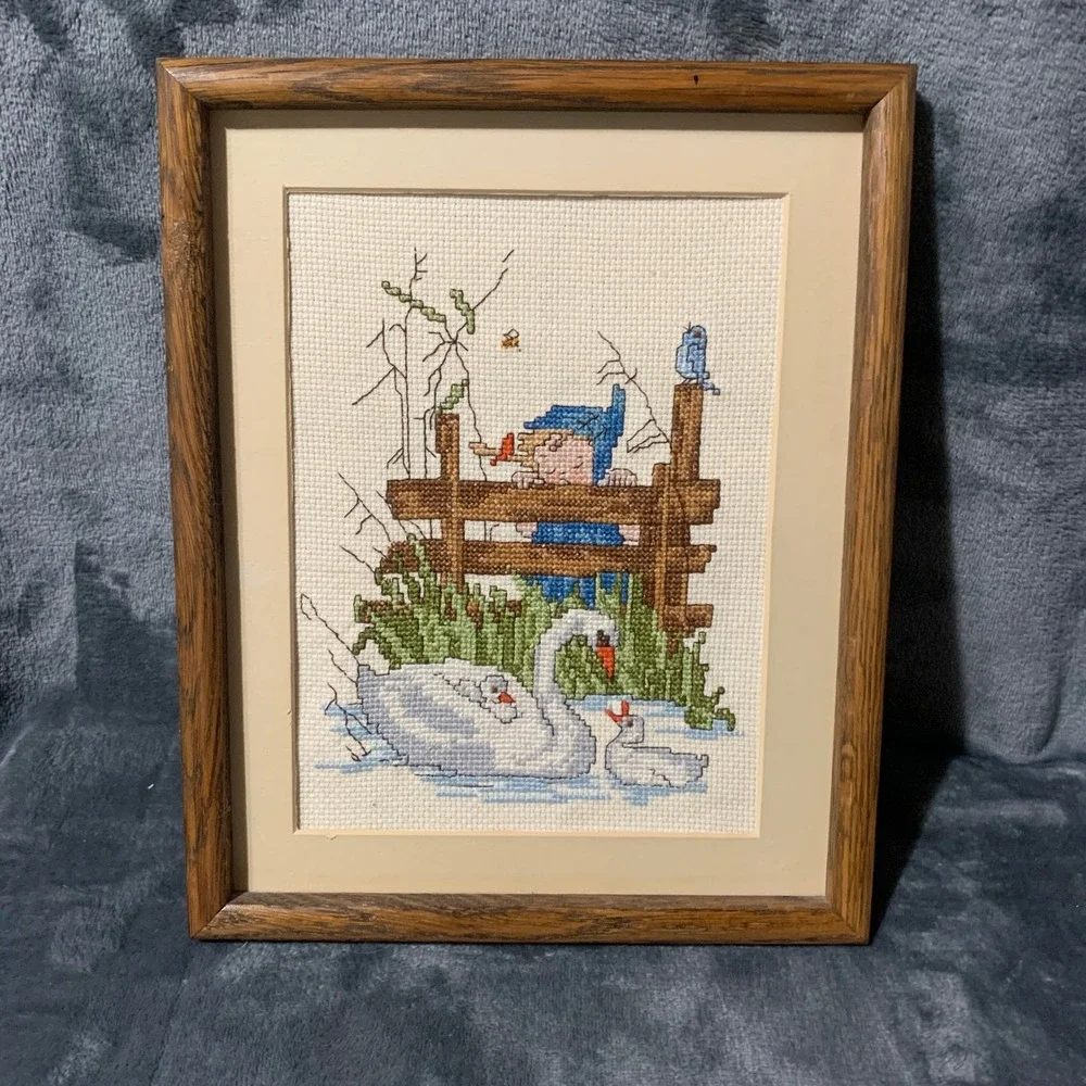 Needlepoint Art Framed Girl Swans Blue Brown Cottagecore Vintage